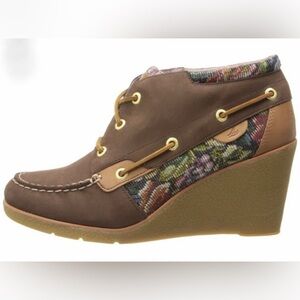Sperry Hadley Tapestry Leather Wedge Boots Brown Floral Ankle Women's Shoes 7.5